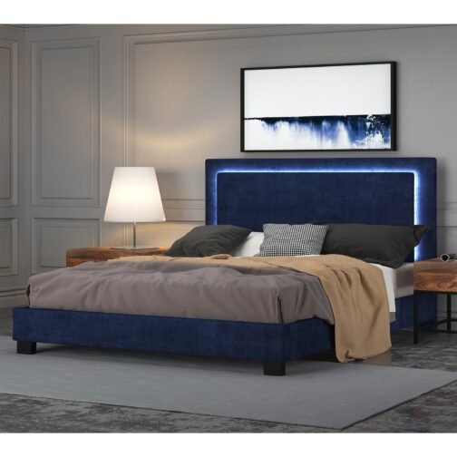 Rome Blue Velvet Platform bed With Light