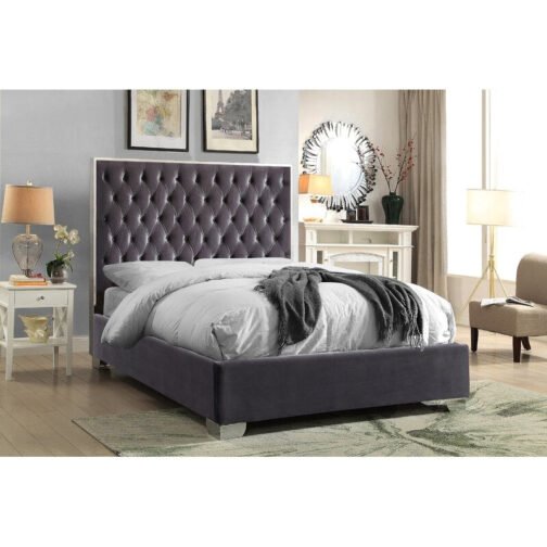 Violet Tufted Bed Grey Velvet with Chrome Frame