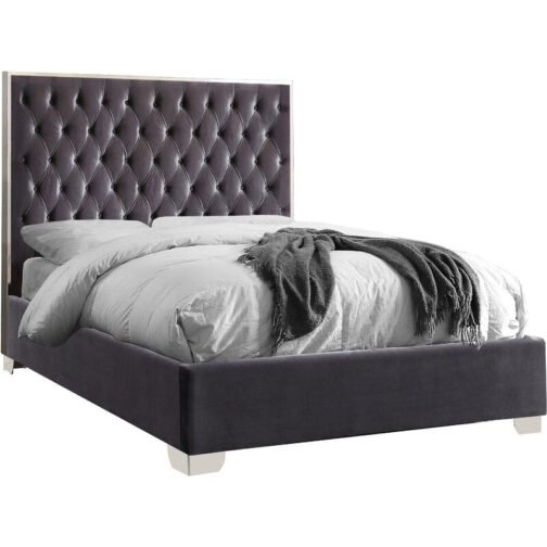 Violet Tufted Bed Grey Velvet with Chrome Frame - Image 2