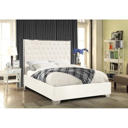 Violet Tufted Bed White Leather with Chrome Frame