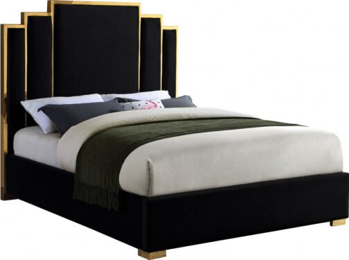 Chloe Tufted Bed Black Velvet with Gold Frame - Image 3