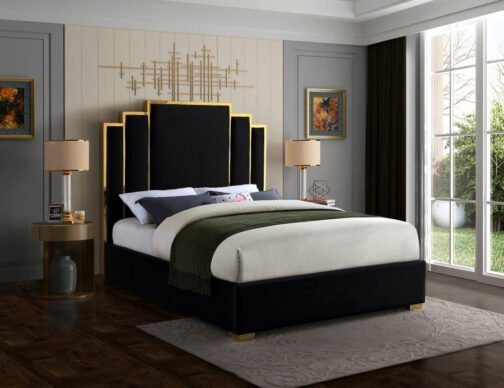 Chloe Tufted Bed Black Velvet with Gold Frame