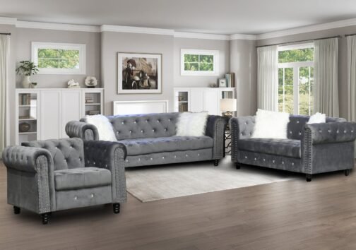 6046 Grey Velvet Sofa Set